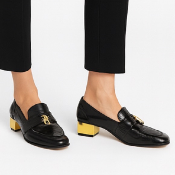 LOUISE ET CIE LANTON LEATHER LOAFER 6M BLACK W/ GOLD BLOCK HEEL 6 - Picture 1 of 9